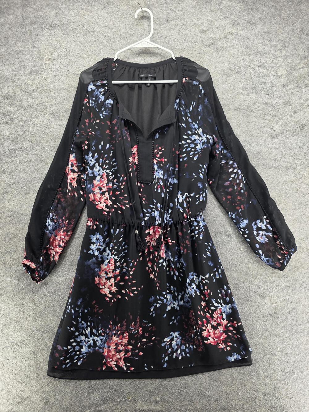 White House Black Market Dress Womens 10 Black Floral Fit & Flare Short V-Neck
